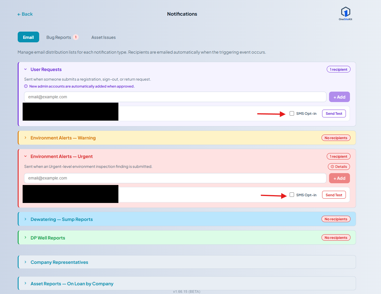 OneSiteKit Notifications screen, Email tab. Several email distribution lists (User Requests, Environment Alerts — Warning/Urgent, Dewatering and Well reports) are listed. Two recipient rows for the signed-in user each show an unchecked 'SMS Opt-in' checkbox with red arrows pointing at them, next to a 'Send Test' button.
