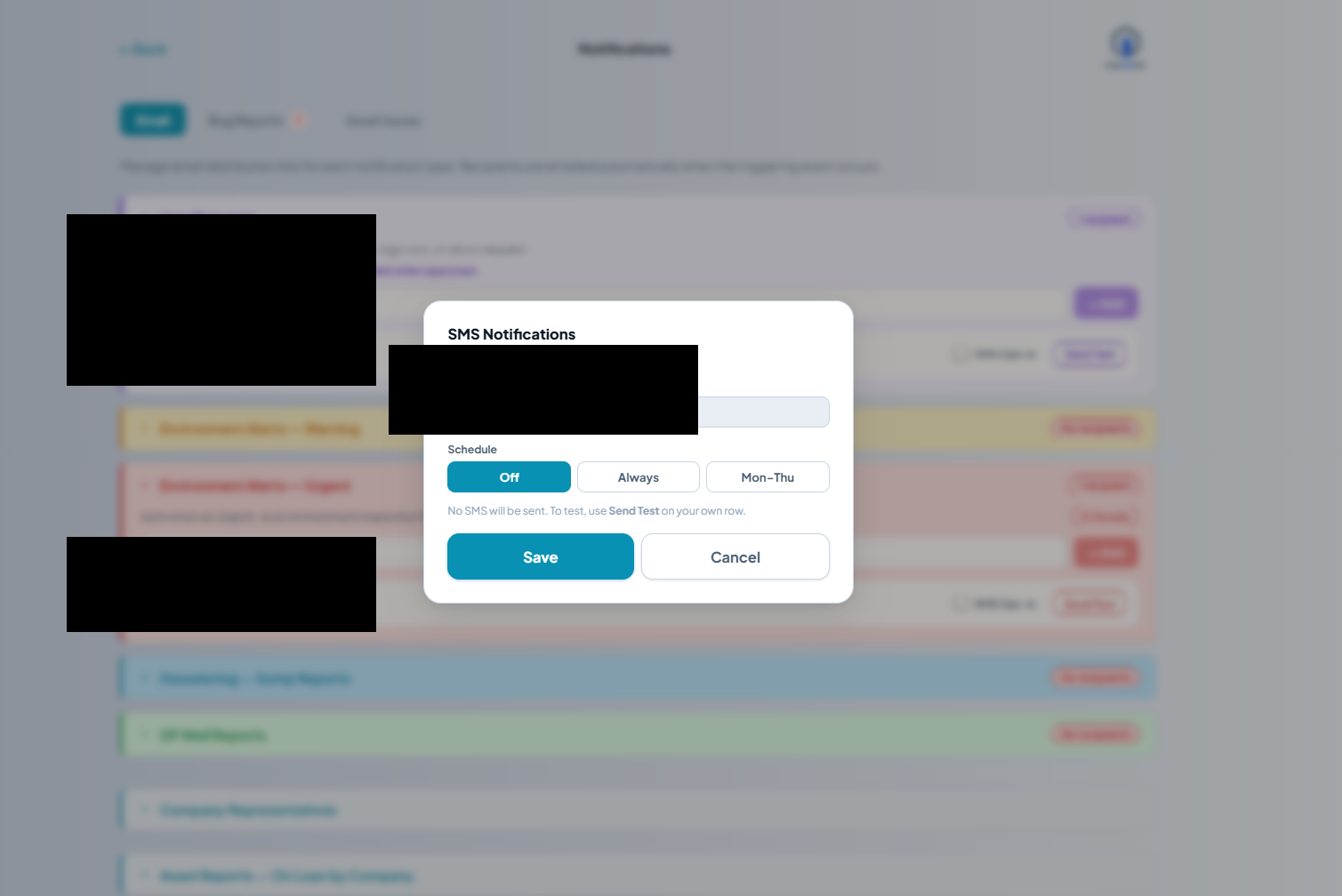 SMS Notifications modal in its default state. It shows the recipient's email, the mobile number '(780) 908-8768' labelled 'from your profile', and a Schedule selector with 'Off' selected. Helper text reads 'No SMS will be sent. To test, use Send Test on your own row.' Save and Cancel buttons are at the bottom.