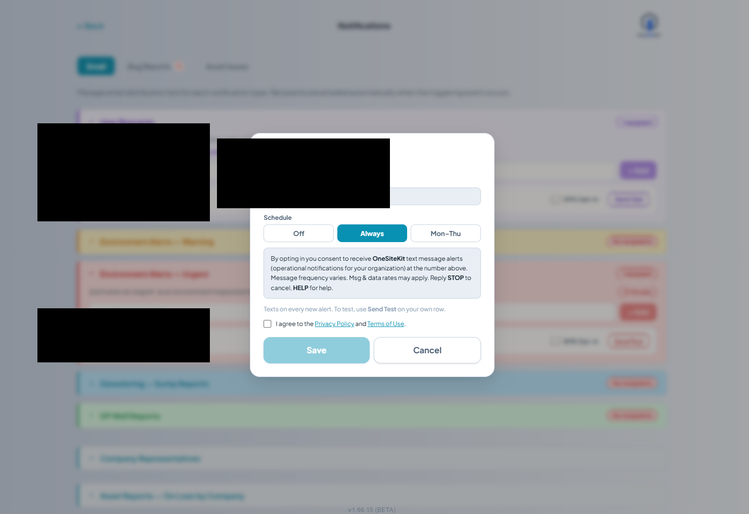 SMS Notifications modal with 'Always' selected. The consent disclosure box is shown, helper text reads 'Texts on every new alert. To test, use Send Test on your own row.', the 'I agree to the Privacy Policy and Terms of Use' checkbox is unchecked, and the Save button is greyed out (disabled).