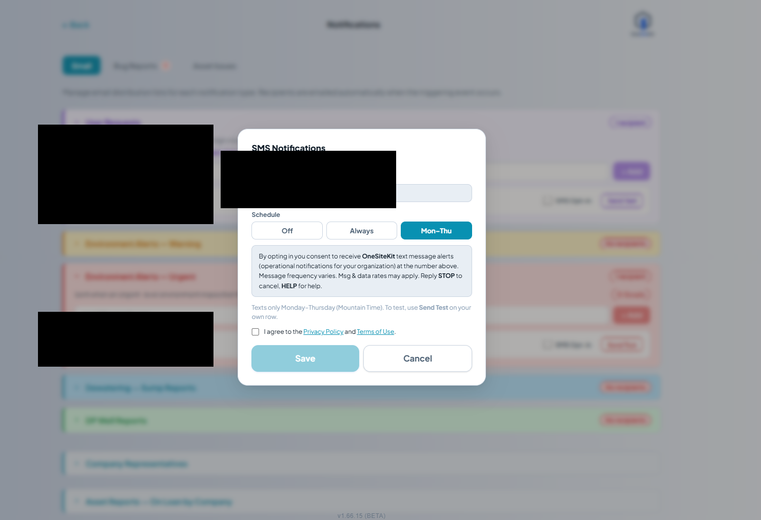 SMS Notifications modal with 'Mon–Thu' selected. The same consent disclosure is shown, but the helper text now reads 'Texts only Monday–Thursday (Mountain Time). To test, use Send Test on your own row.' The 'I agree' checkbox is unchecked and Save is disabled.