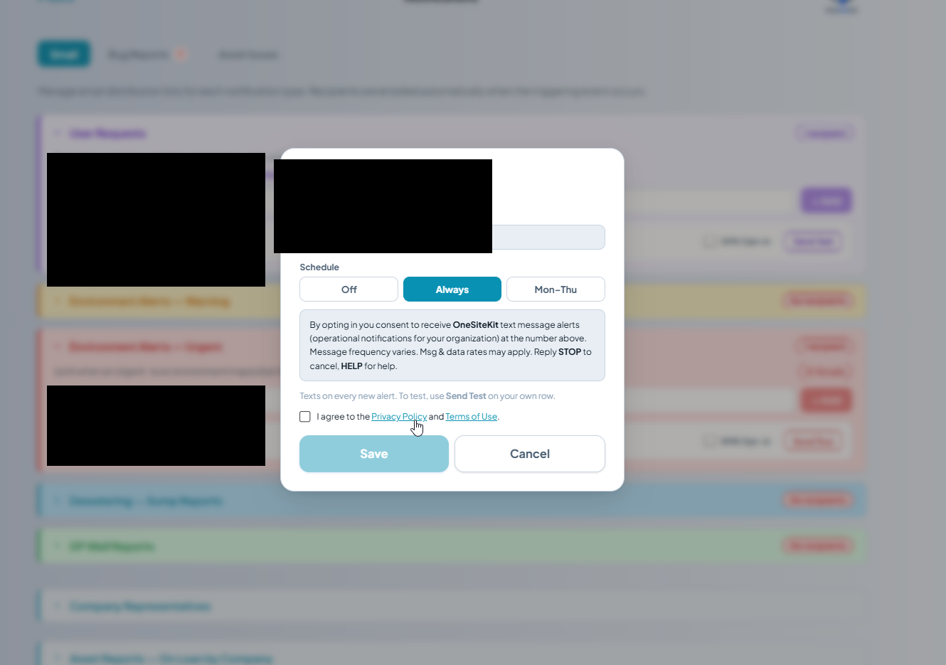 The SMS Notifications modal with the cursor hovering over the 'Privacy Policy' hyperlink inside the 'I agree to the Privacy Policy and Terms of Use' line.