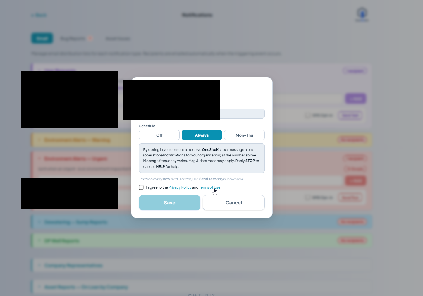 The SMS Notifications modal with the cursor hovering over the 'Terms of Use' hyperlink inside the 'I agree to the Privacy Policy and Terms of Use' line.