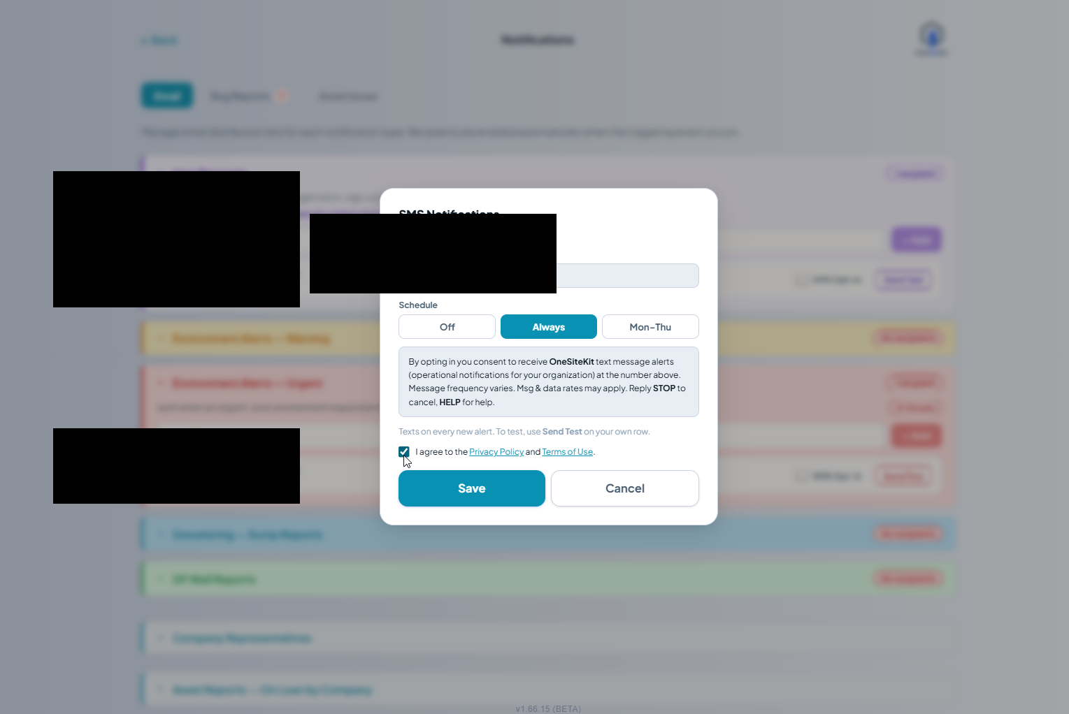 The SMS Notifications modal with 'Always' selected and the 'I agree to the Privacy Policy and Terms of Use' checkbox now ticked. The Save button is now solid blue and active.