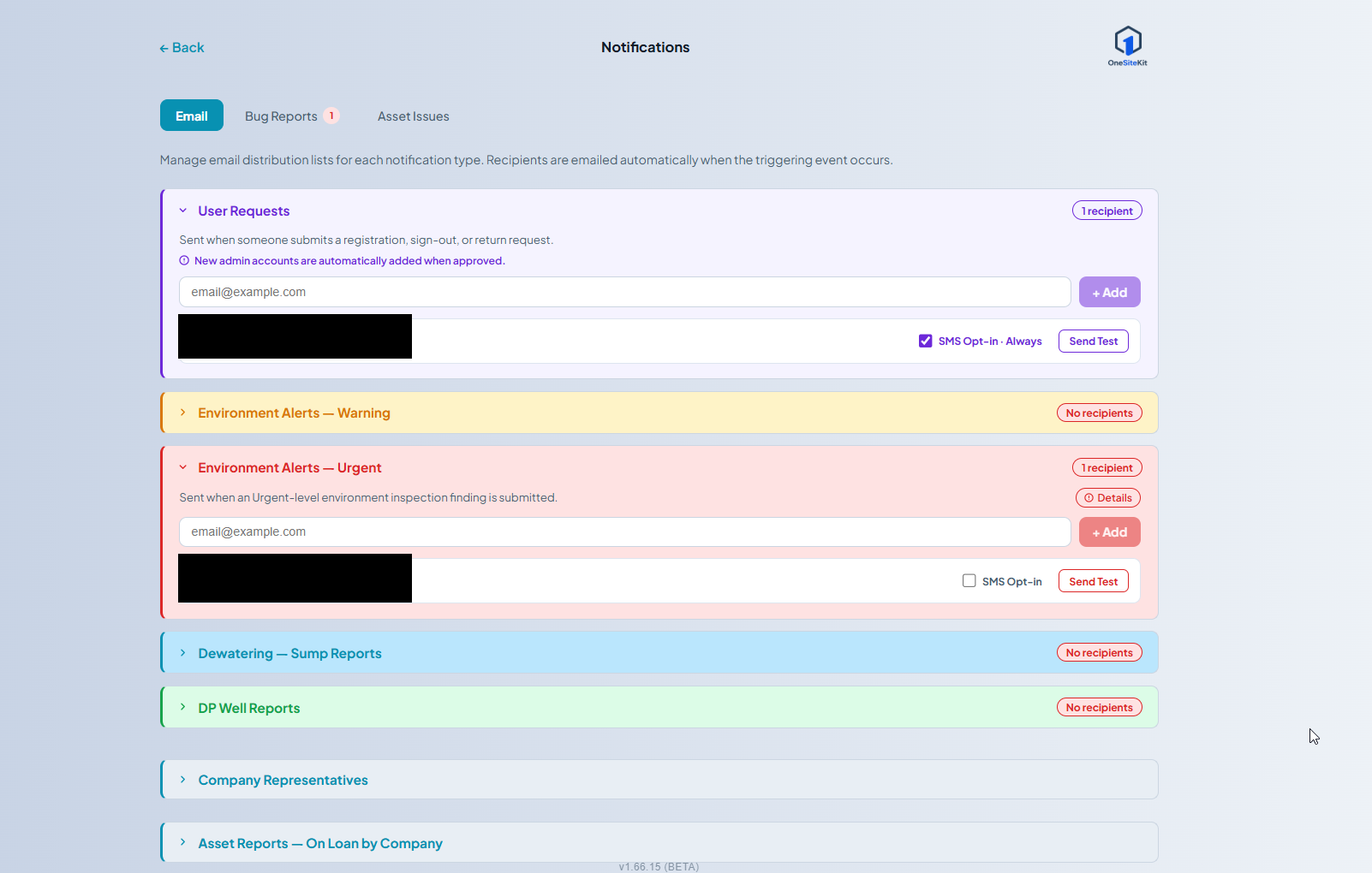 Notifications screen after opting in. The User Requests recipient row shows a blue, checked checkbox labelled 'SMS Opt-in · Always' with a Send Test button. The Environment Alerts — Urgent recipient row below still shows an unchecked 'SMS Opt-in' checkbox, demonstrating that opt-in is per list.