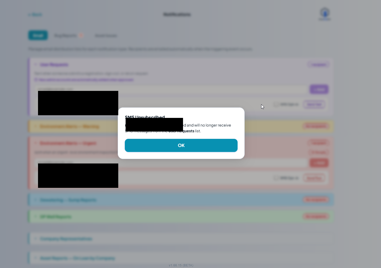 An 'SMS Unsubscribed' confirmation modal reading '(780) 908-8768 has unsubscribed and will no longer receive SMS messages from the User Requests list.' with a single OK button.