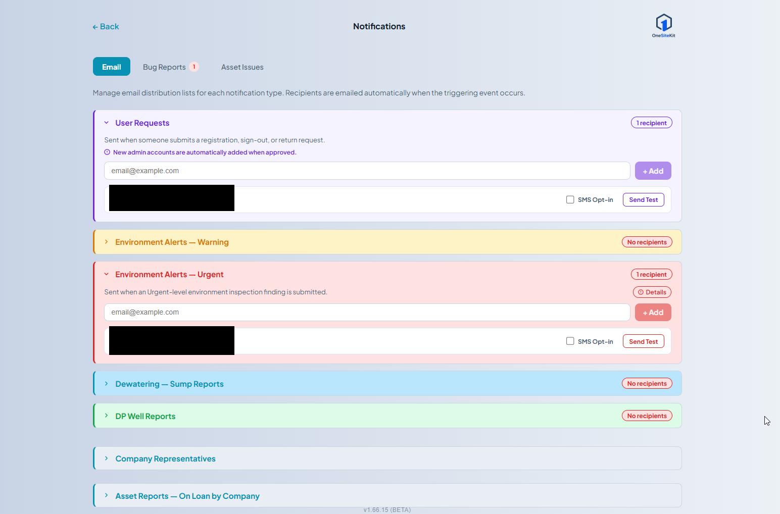 Notifications screen after opting out. The User Requests recipient row now shows an unchecked 'SMS Opt-in' checkbox again, matching the opted-out state.