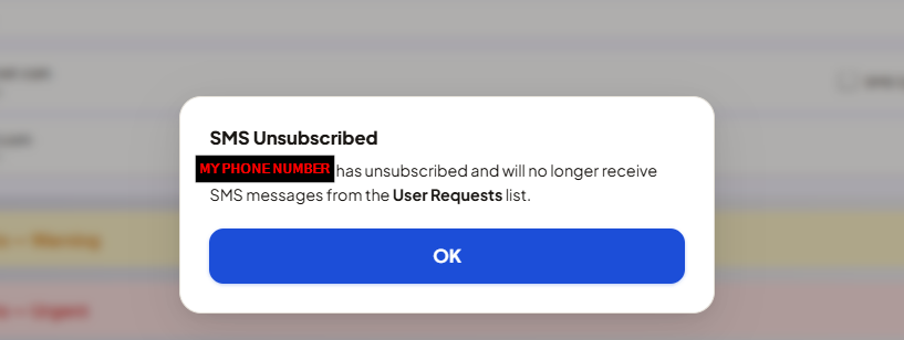 SMS Unsubscribed confirmation modal stating the user's phone number has unsubscribed and will no longer receive SMS messages from the User Requests list, with an OK button to confirm.